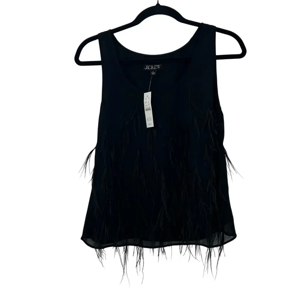 J. Crew Women's Feather-Embellished Tank Top in Chiffon Black Size Small NWT